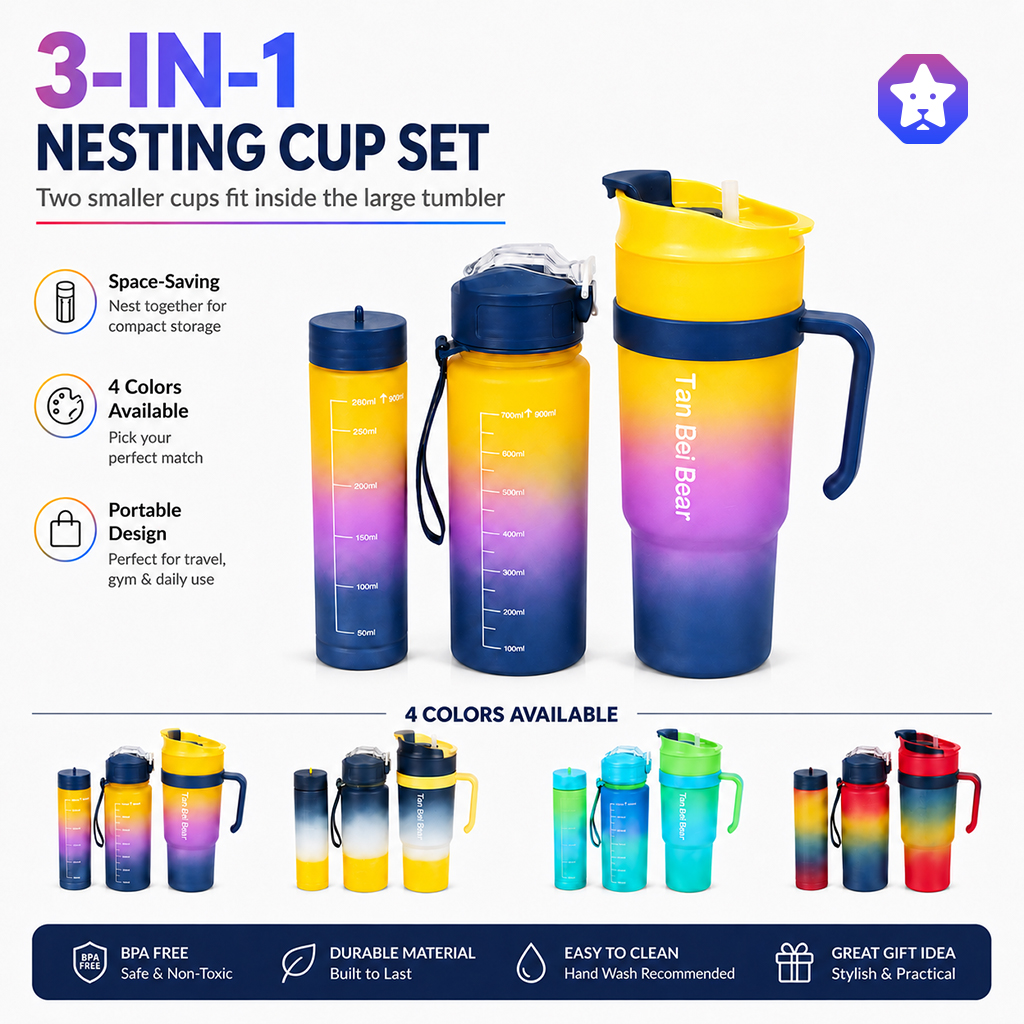 3-in-1 Gradient Nesting Water Bottle Set, Space-Saving Portable Cup with Straw and Handle