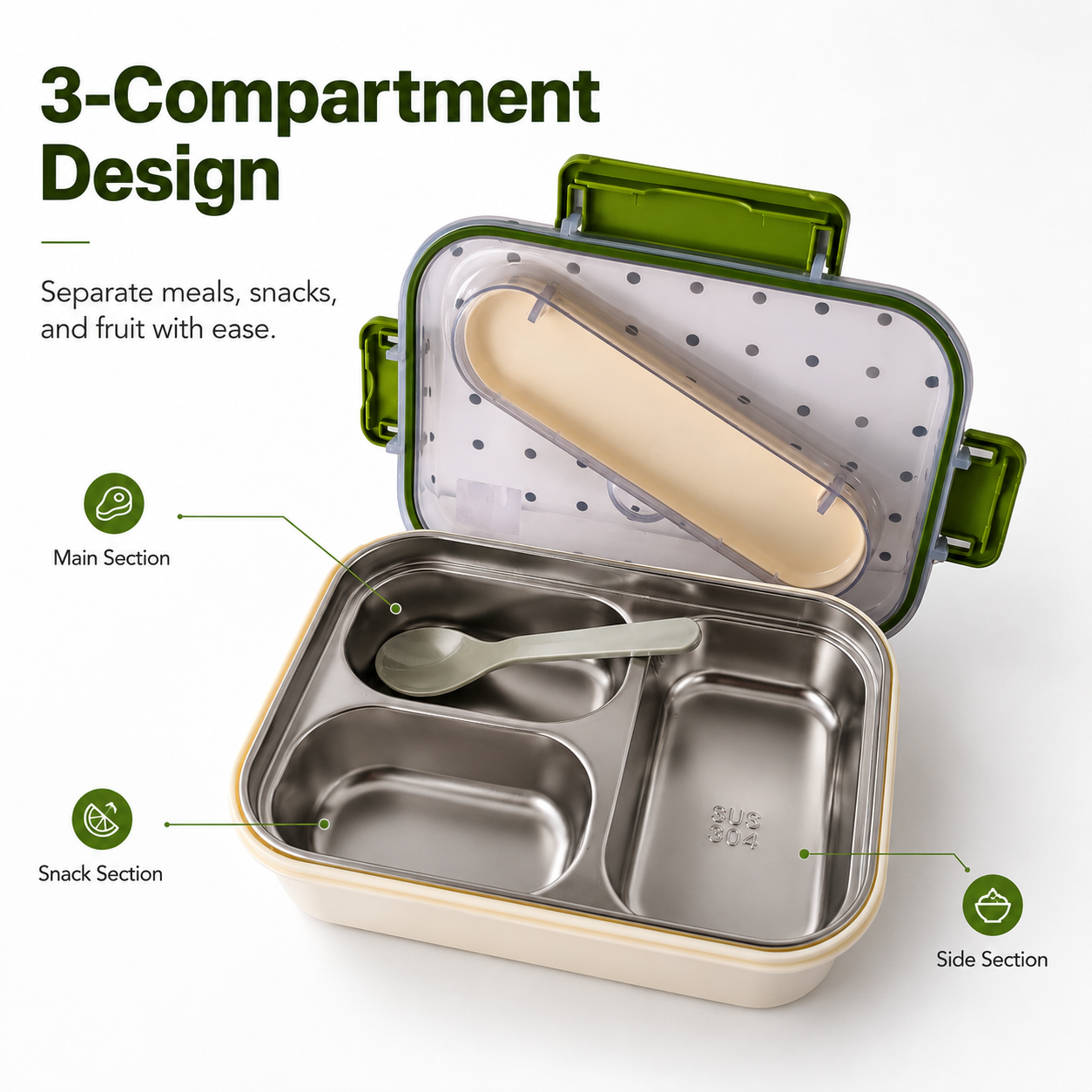 Portable Bento Lunch Box with 3 Compartments, Stainless Steel Inner Tray, Spoon Storage Lid and Secure Locking Clips