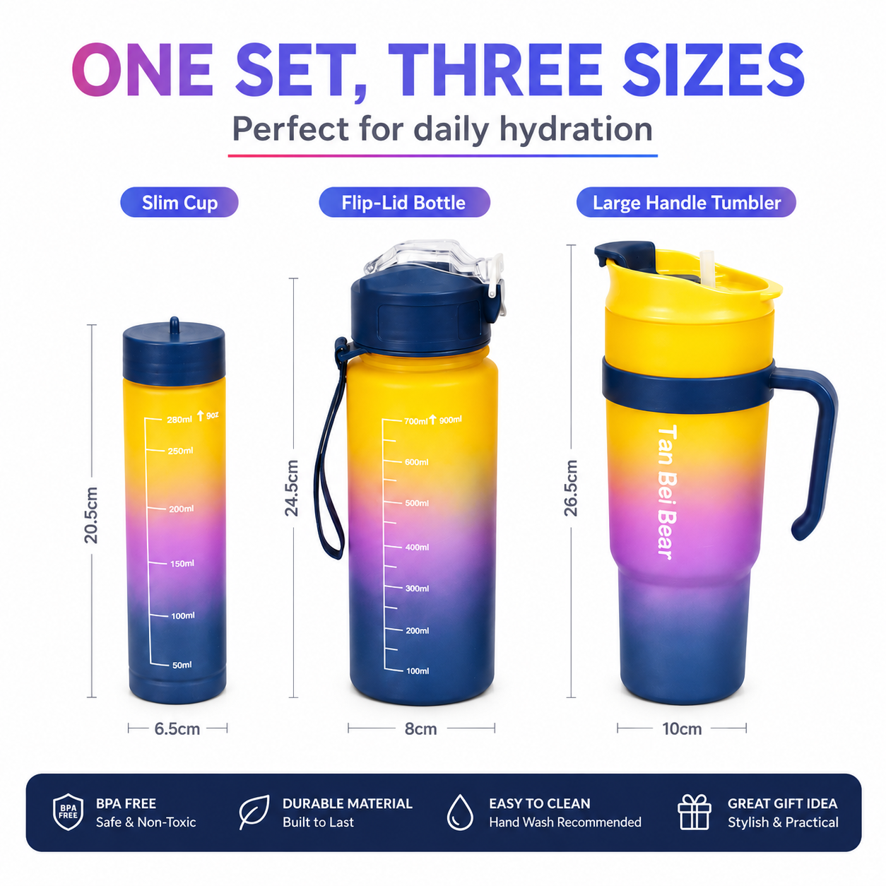 3-in-1 Gradient Nesting Water Bottle Set, Space-Saving Portable Cup with Straw and Handle