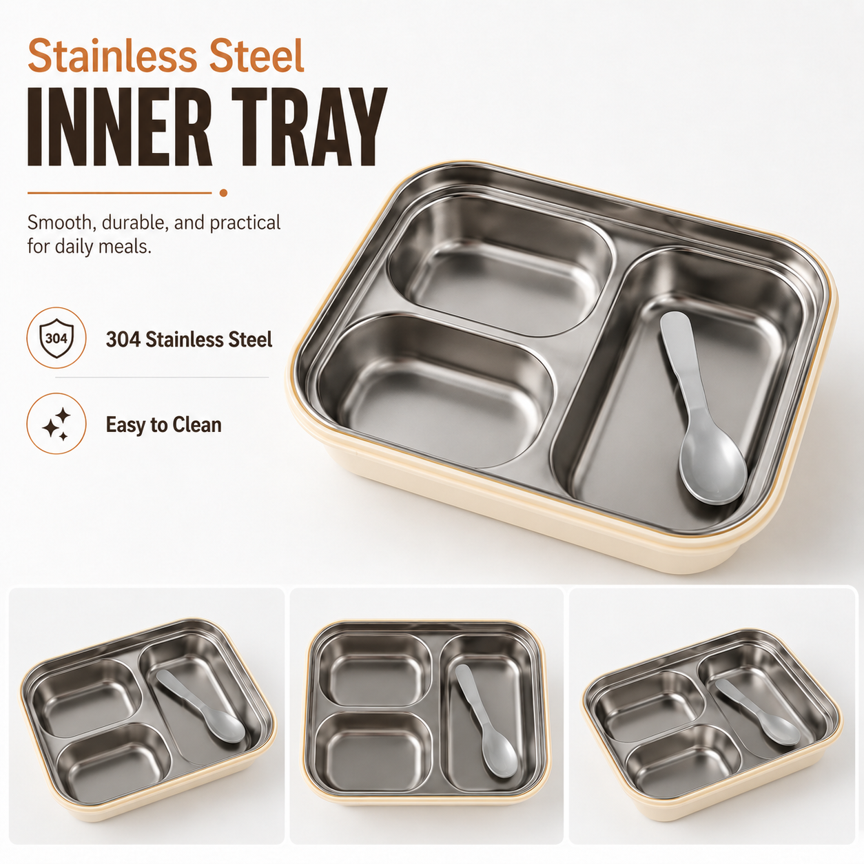 Cute Portable Lunch Box with 3 Compartments, Stainless Steel Inner Tray, Spoon and Secure Locking Clips