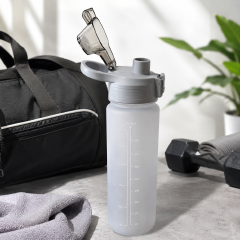 Sports Water Bottle - 1000ml Large Capacity Aesthetic Gym Fitness Flask with Measurement Scale, Leak-Resistant Flip Lid & Portable Carry Loop (Grey)
