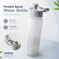 Sports Water Bottle - 1000ml Large Capacity Aesthetic Gym Fitness Flask with Measurement Scale, Leak-Resistant Flip Lid & Portable Carry Loop (Grey)