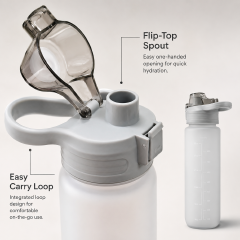 Sports Water Bottle - 1000ml Large Capacity Aesthetic Gym Fitness Flask with Measurement Scale, Leak-Resistant Flip Lid & Portable Carry Loop (Grey)