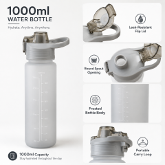 Sports Water Bottle - 1000ml Large Capacity Aesthetic Gym Fitness Flask with Measurement Scale, Leak-Resistant Flip Lid & Portable Carry Loop (Grey)