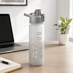 Sports Water Bottle - 1000ml Large Capacity Aesthetic Gym Fitness Flask with Measurement Scale, Leak-Resistant Flip Lid & Portable Carry Loop (Grey)