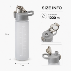 Sports Water Bottle - 1000ml Large Capacity Aesthetic Gym Fitness Flask with Measurement Scale, Leak-Resistant Flip Lid & Portable Carry Loop (Grey)