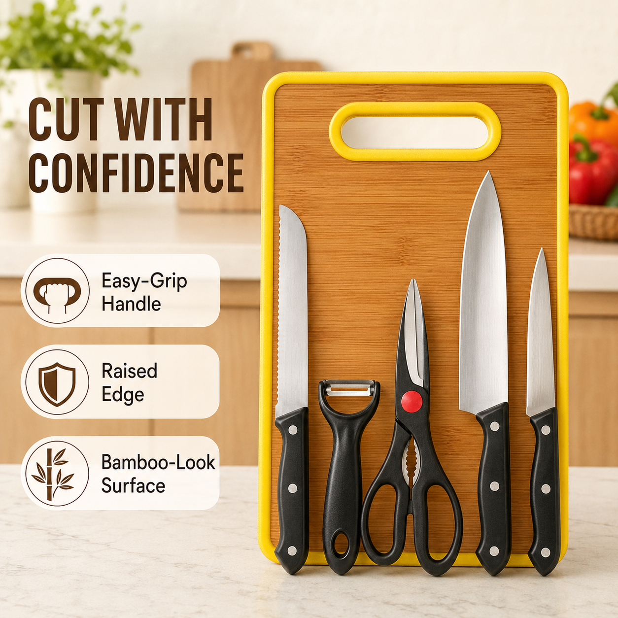 6-Piece Stainless Steel Kitchen Knife Set with Non-Slip Cutting Board – Includes Chef Knife, Bread Knife, Paring Knife, Kitchen Shears & Peeler (Yellow)