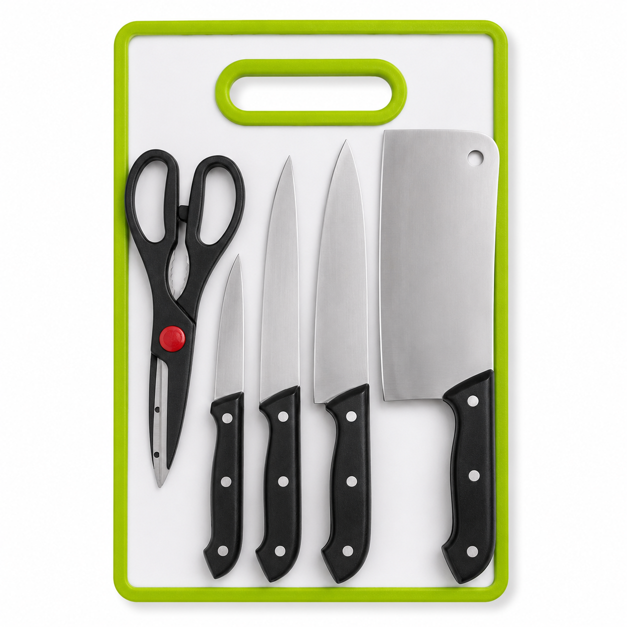 6-Piece Heavy-Duty Meat Cleaver Knife Set with Non-Slip Cutting Board – Stainless Steel Meat Cleaver, Chef Knife, Kitchen Shears & Board (Lime Green)