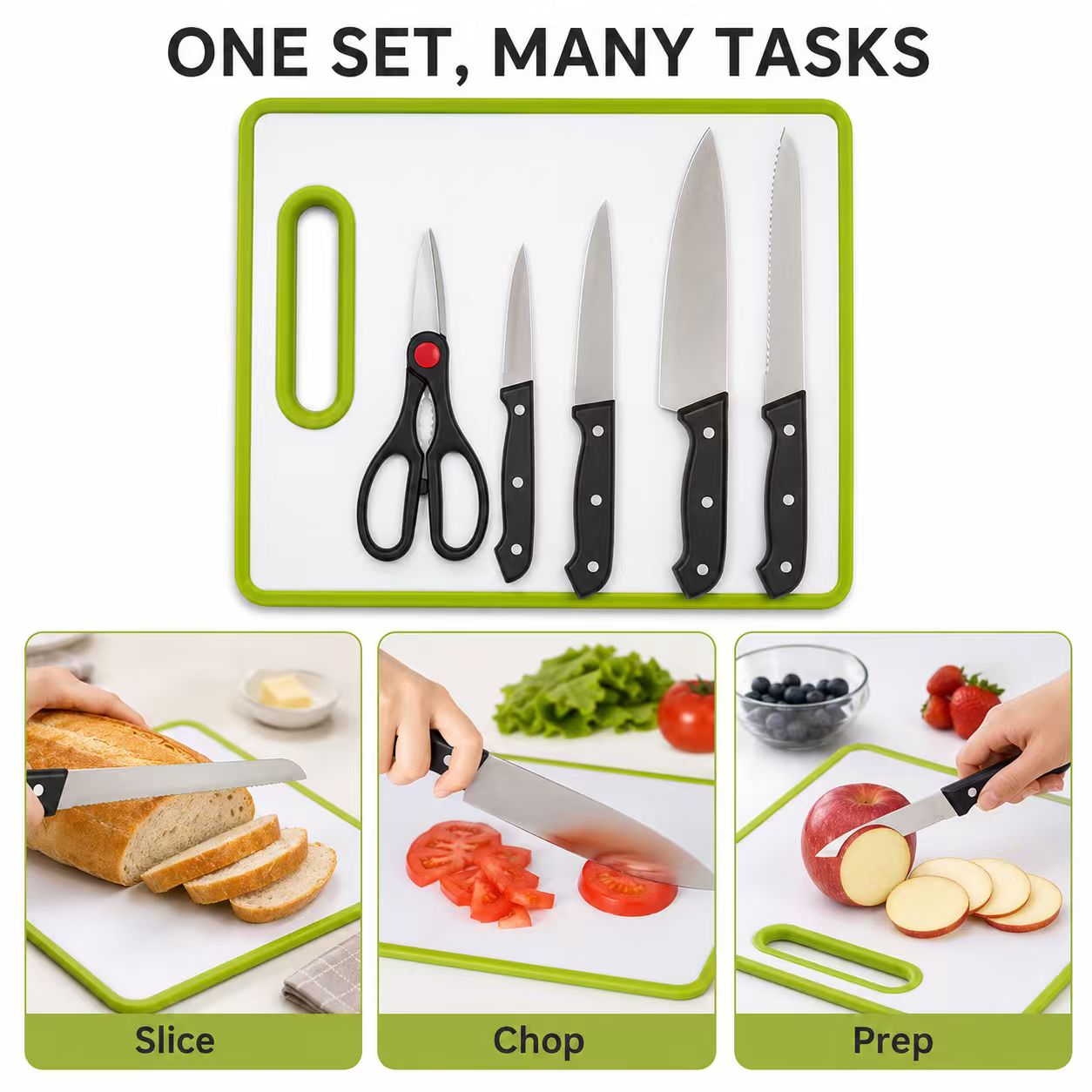 6-Piece Stainless Steel Kitchen Knife Set with Non-Slip Cutting Board – Includes Chef Knife, Bread Knife, Utility Knives, Kitchen Shears (Lime Green)