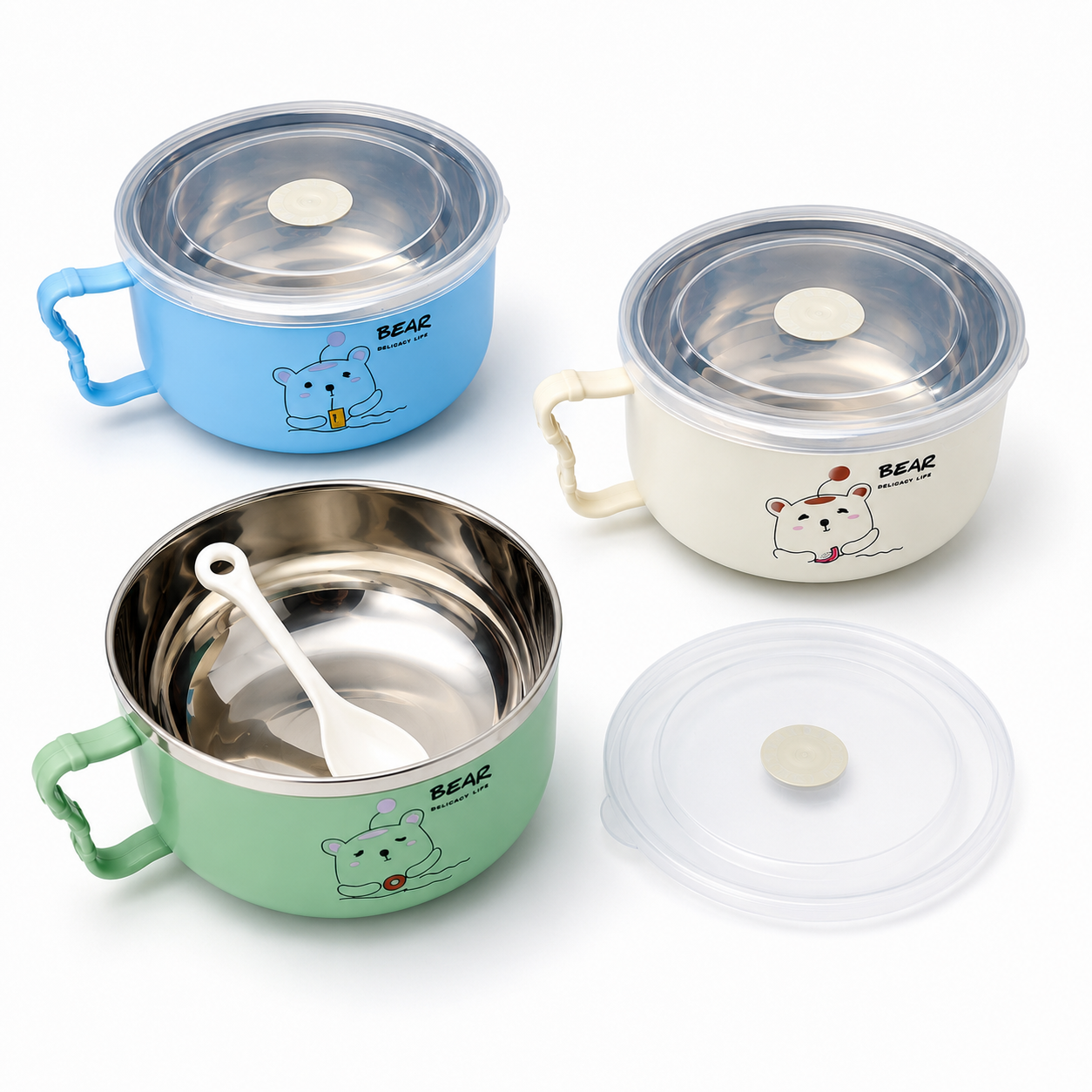 Stainless Steel Noodle Bowl Lunch Box - 16cm Cartoon Bear Insulated Food Container with Airtight Freshness Lid, Comfort Handle & Free Spoon (Blue/Green/Cream)