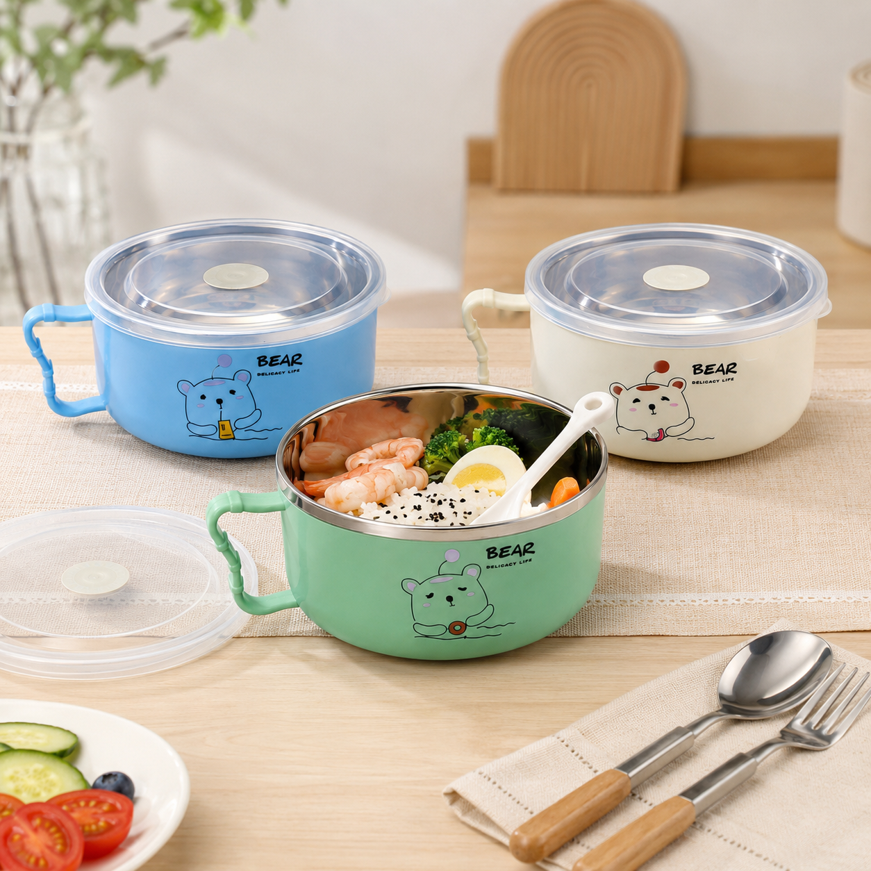 Stainless Steel Noodle Bowl Lunch Box - 16cm Cartoon Bear Insulated Food Container with Airtight Freshness Lid, Comfort Handle & Free Spoon (Blue/Green/Cream)