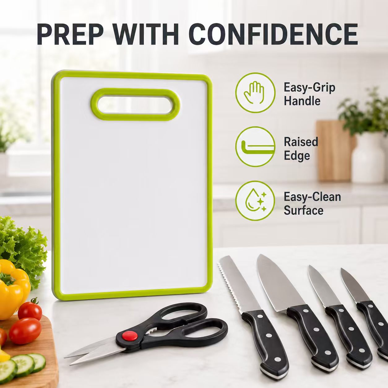 6-Piece Stainless Steel Kitchen Knife Set with Non-Slip Cutting Board – Includes Chef Knife, Bread Knife, Utility Knives, Kitchen Shears (Lime Green)