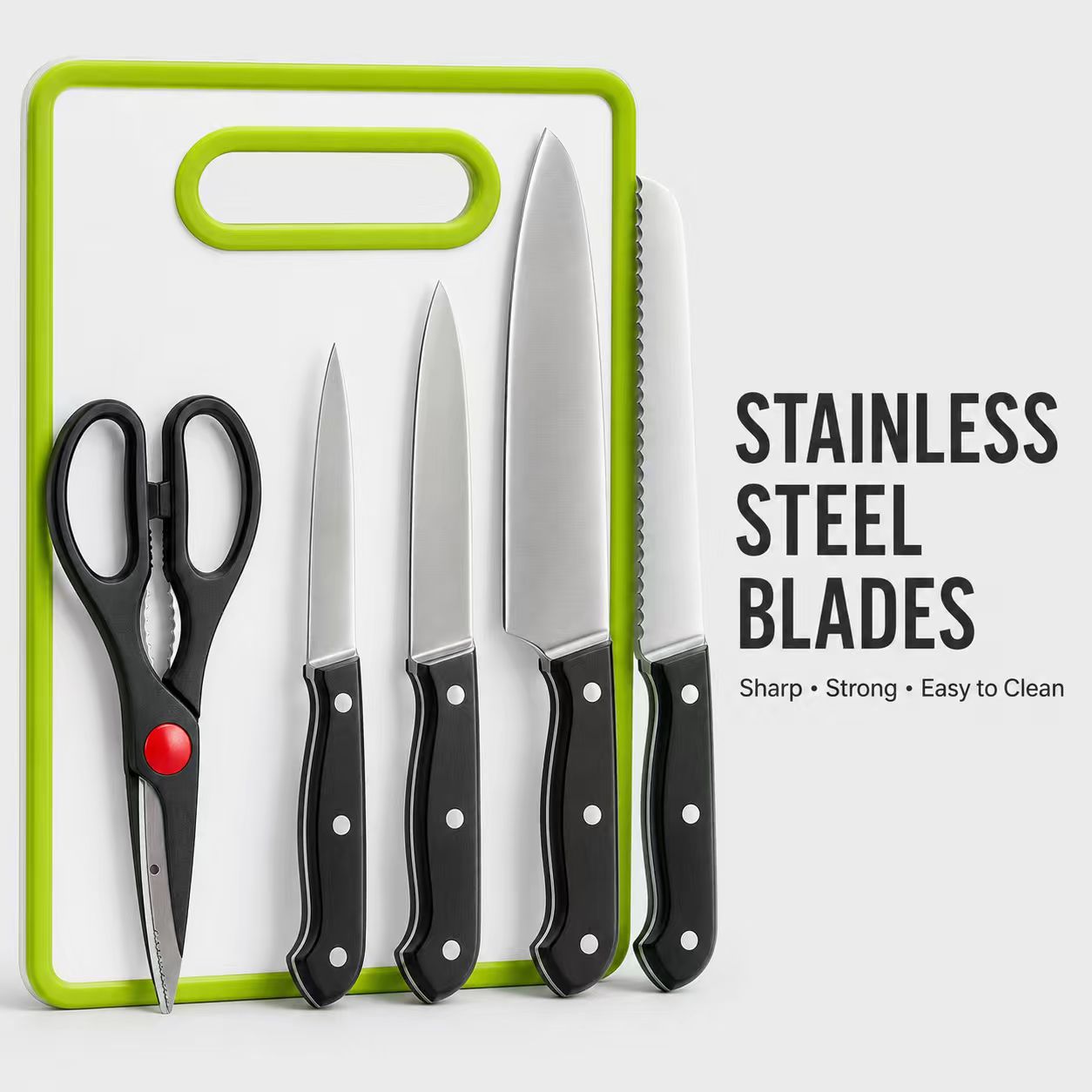 6-Piece Stainless Steel Kitchen Knife Set with Non-Slip Cutting Board – Includes Chef Knife, Bread Knife, Utility Knives, Kitchen Shears (Lime Green)