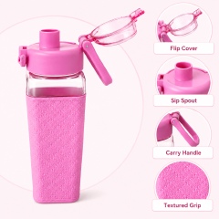 Square Sports Water Bottle - 700ml Cute Pink Style Fitness Cup with Protective Quilted Sleeve, Flip-Top Lid & Integrated Portable Handle