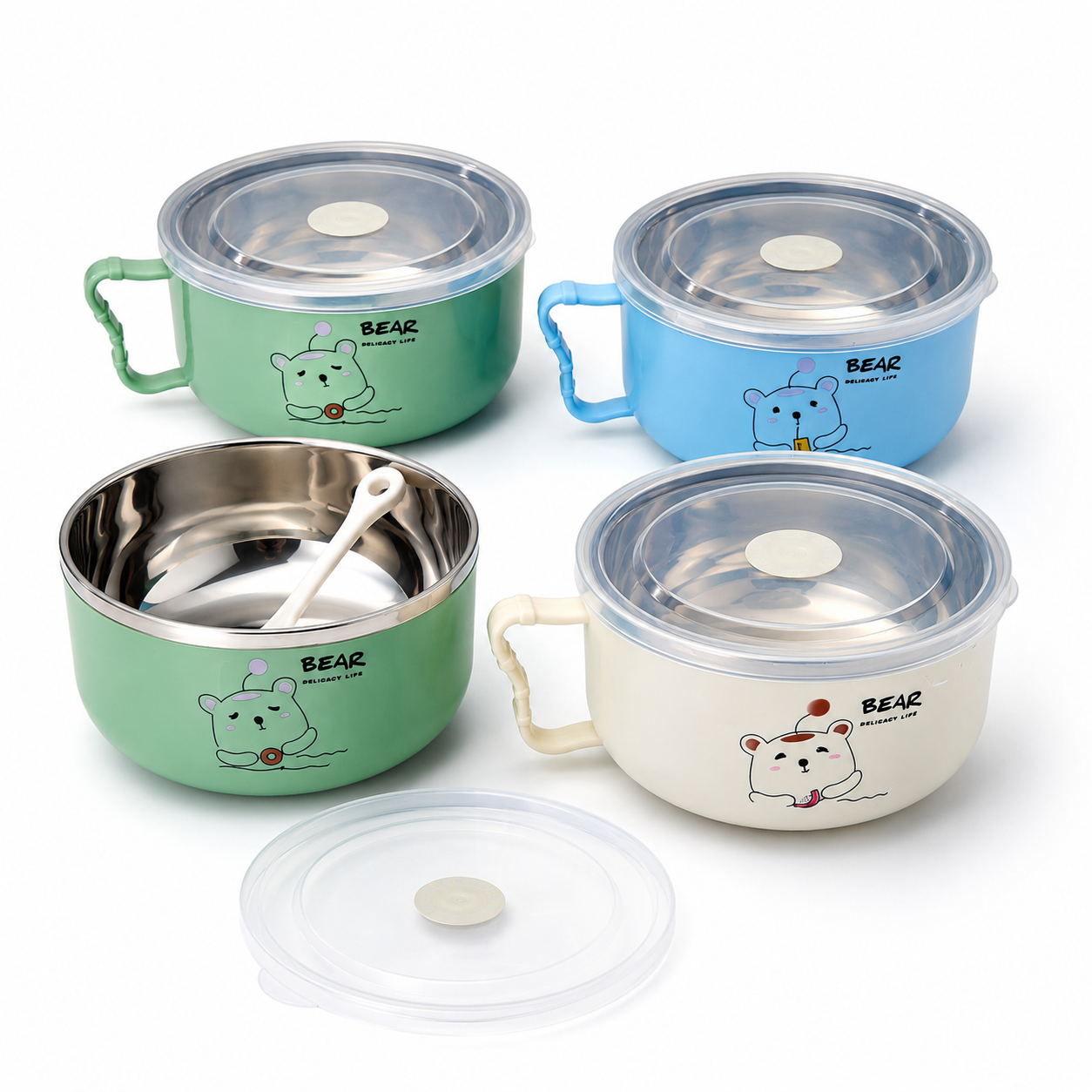 Stainless Steel Noodle Bowl Lunch Box - 16cm Cartoon Bear Insulated Food Container with Airtight Freshness Lid, Comfort Handle & Free Spoon (Blue/Green/Cream)