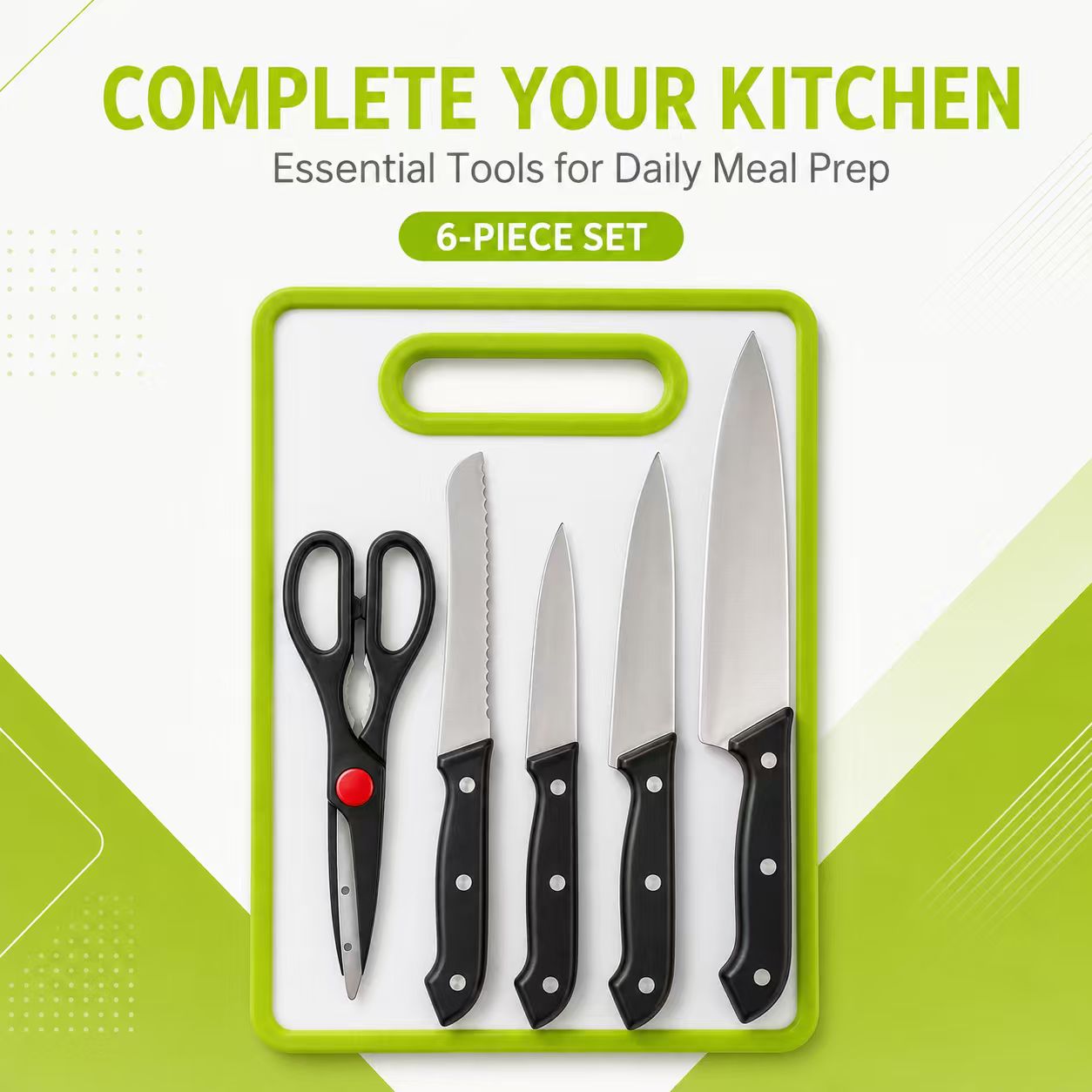 6-Piece Stainless Steel Kitchen Knife Set with Non-Slip Cutting Board – Includes Chef Knife, Bread Knife, Utility Knives, Kitchen Shears (Lime Green)