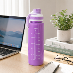 Sports Water Bottle - 1000ml Large Capacity Aesthetic Gym Fitness Flask with Measurement Scale, Leakproof Flip Lid & Portable Carry Handle (30 oz)