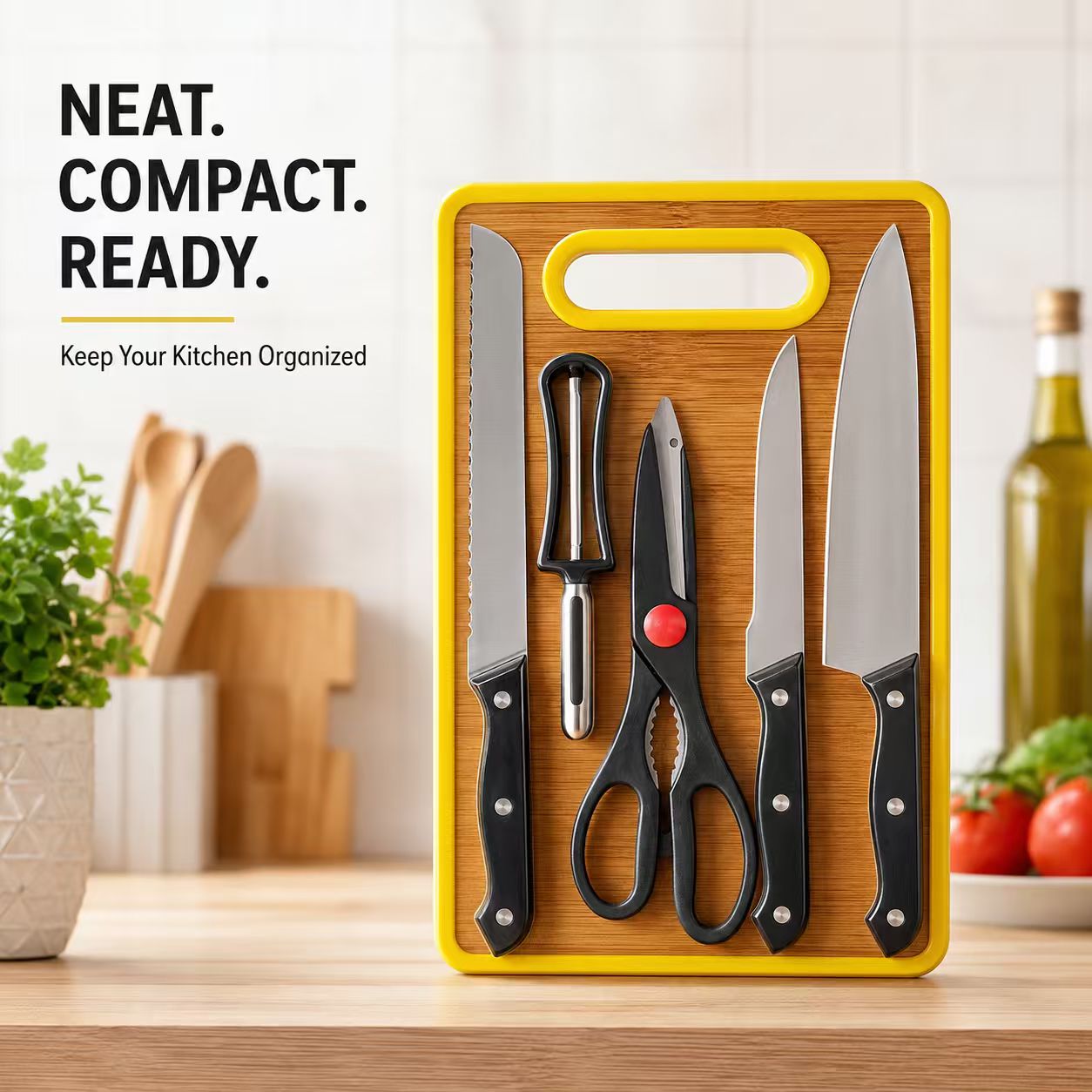 6-Piece Stainless Steel Kitchen Knife Set with Non-Slip Cutting Board – Includes Chef Knife, Bread Knife, Paring Knife, Kitchen Shears & Peeler (Yellow)