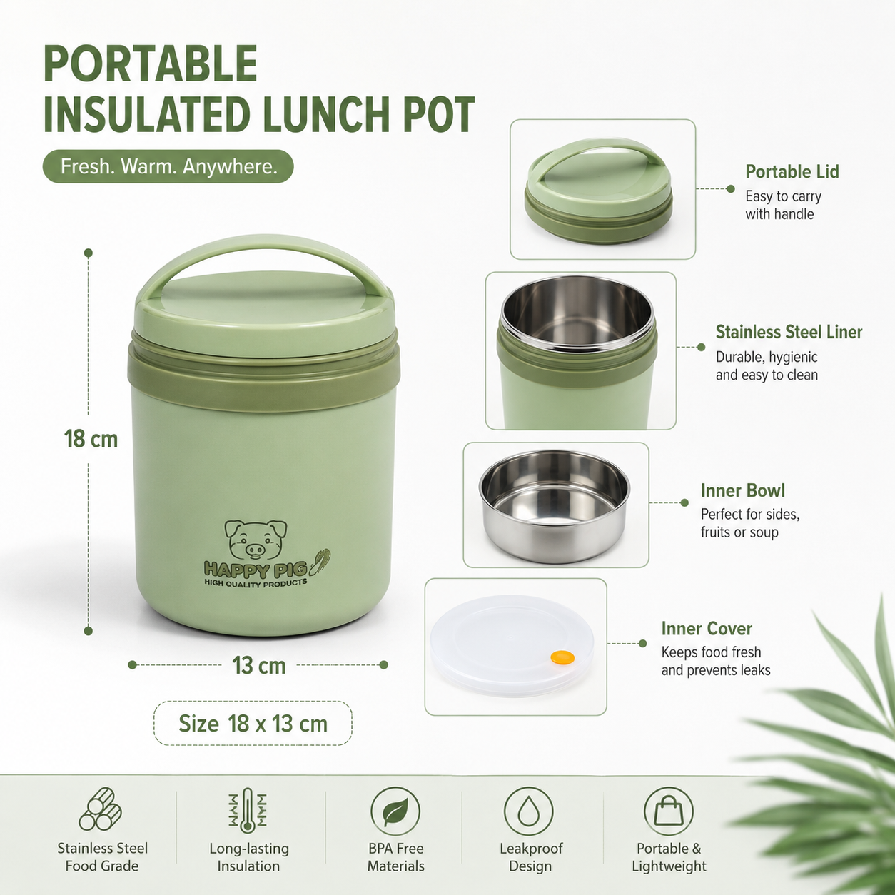 Insulated Lunch Pot - 1.6L Large Capacity Stainless Steel Multi-Layer Thermal Bento Box Food Flask with Portable Handle & Inner Bowl (Pink/Green)