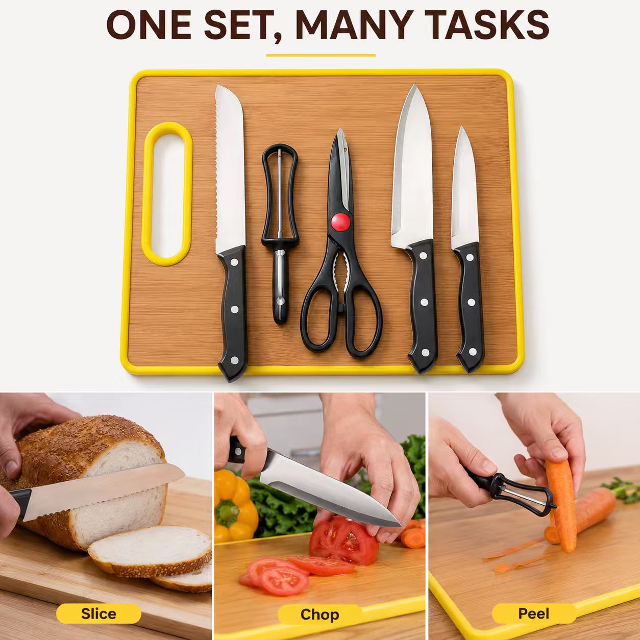 6-Piece Stainless Steel Kitchen Knife Set with Non-Slip Cutting Board – Includes Chef Knife, Bread Knife, Paring Knife, Kitchen Shears & Peeler (Yellow)