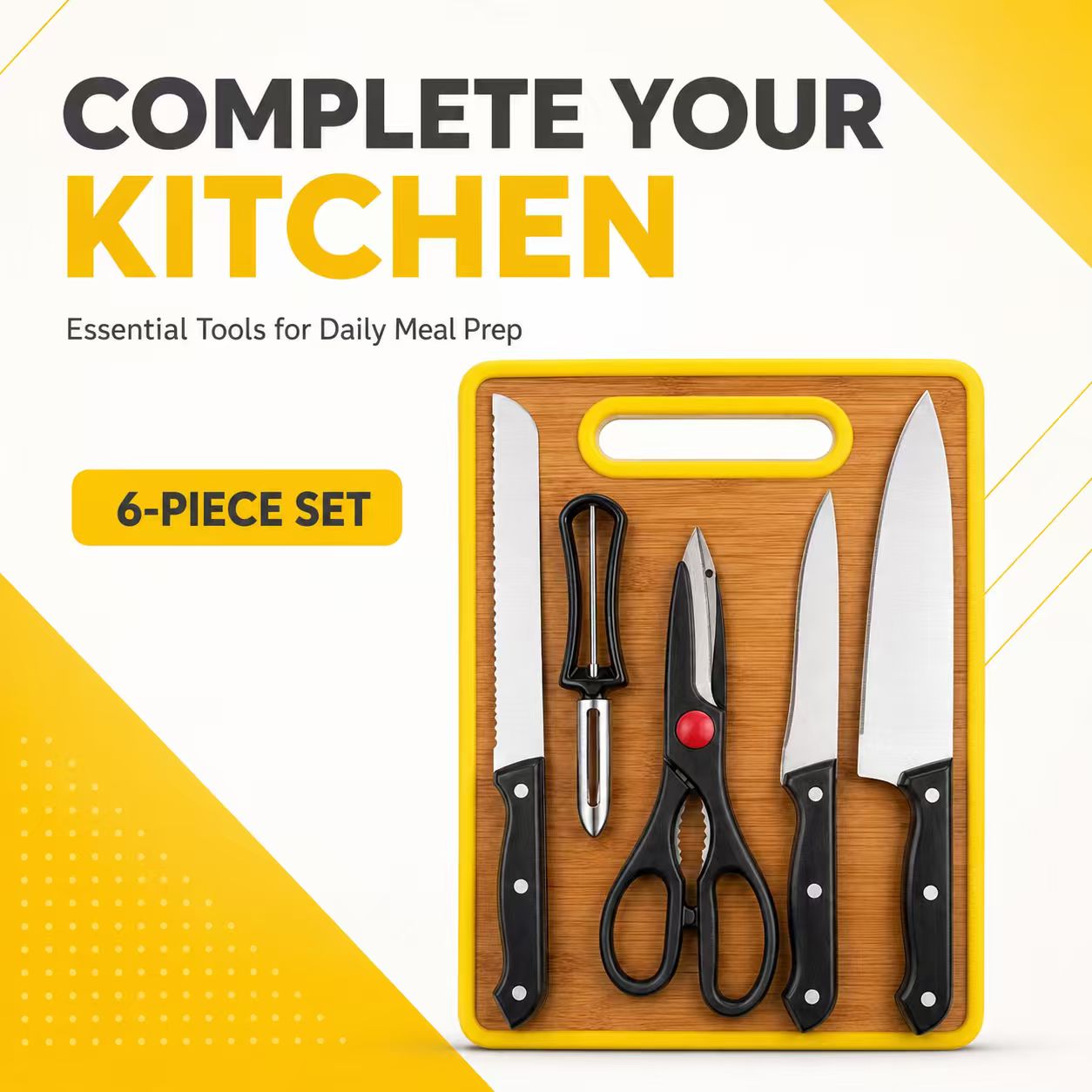 6-Piece Stainless Steel Kitchen Knife Set with Non-Slip Cutting Board – Includes Chef Knife, Bread Knife, Paring Knife, Kitchen Shears & Peeler (Yellow)