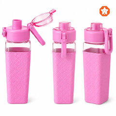 Square Sports Water Bottle - 700ml Cute Pink Style Fitness Cup with Protective Quilted Sleeve, Flip-Top Lid & Integrated Portable Handle