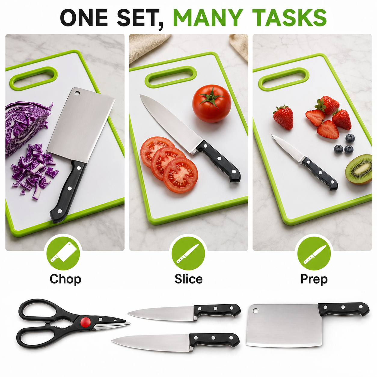 6-Piece Heavy-Duty Meat Cleaver Knife Set with Non-Slip Cutting Board – Stainless Steel Meat Cleaver, Chef Knife, Kitchen Shears & Board (Lime Green)