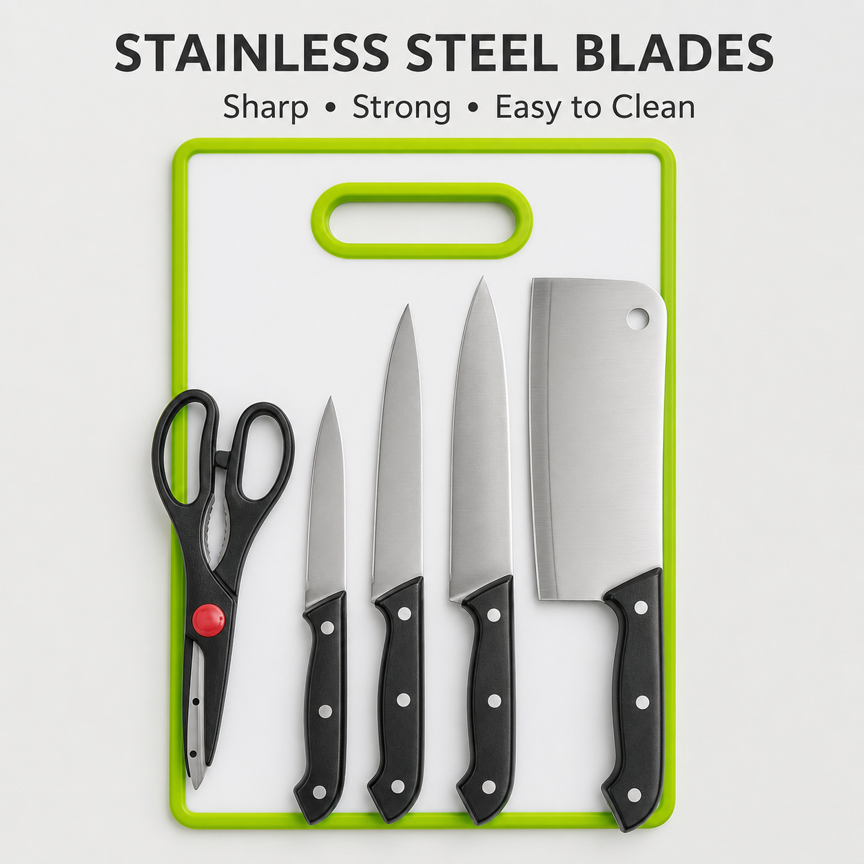 6-Piece Heavy-Duty Meat Cleaver Knife Set with Non-Slip Cutting Board – Stainless Steel Meat Cleaver, Chef Knife, Kitchen Shears & Board (Lime Green)