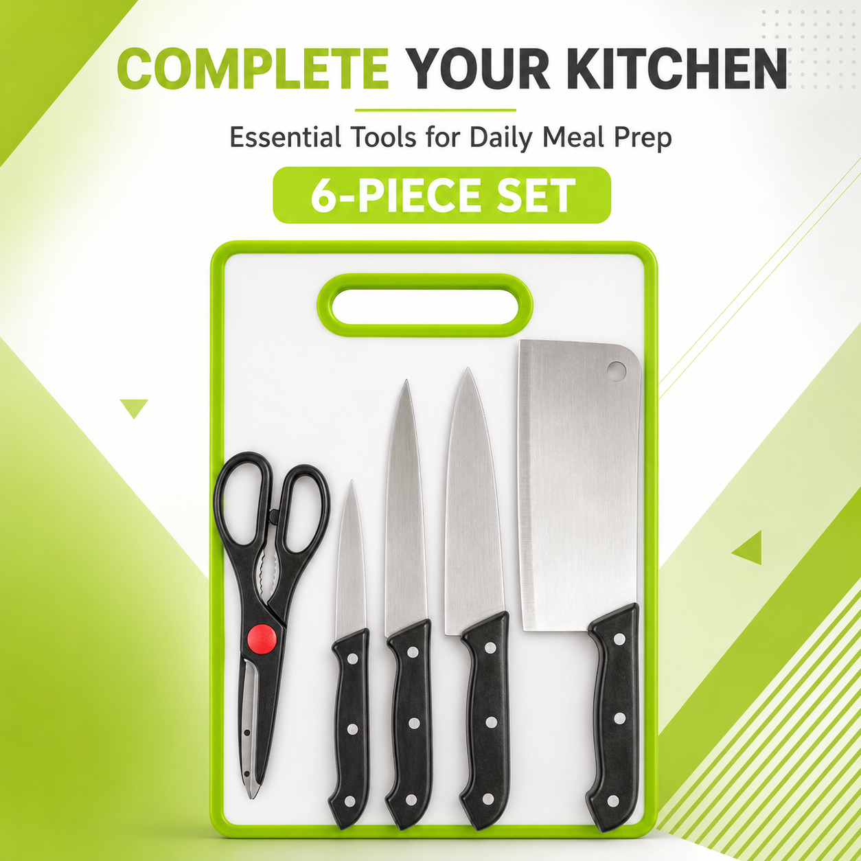 6-Piece Heavy-Duty Meat Cleaver Knife Set with Non-Slip Cutting Board – Stainless Steel Meat Cleaver, Chef Knife, Kitchen Shears & Board (Lime Green)