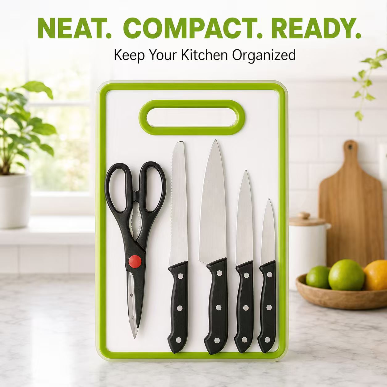 6-Piece Stainless Steel Kitchen Knife Set with Non-Slip Cutting Board – Includes Chef Knife, Bread Knife, Utility Knives, Kitchen Shears (Lime Green)