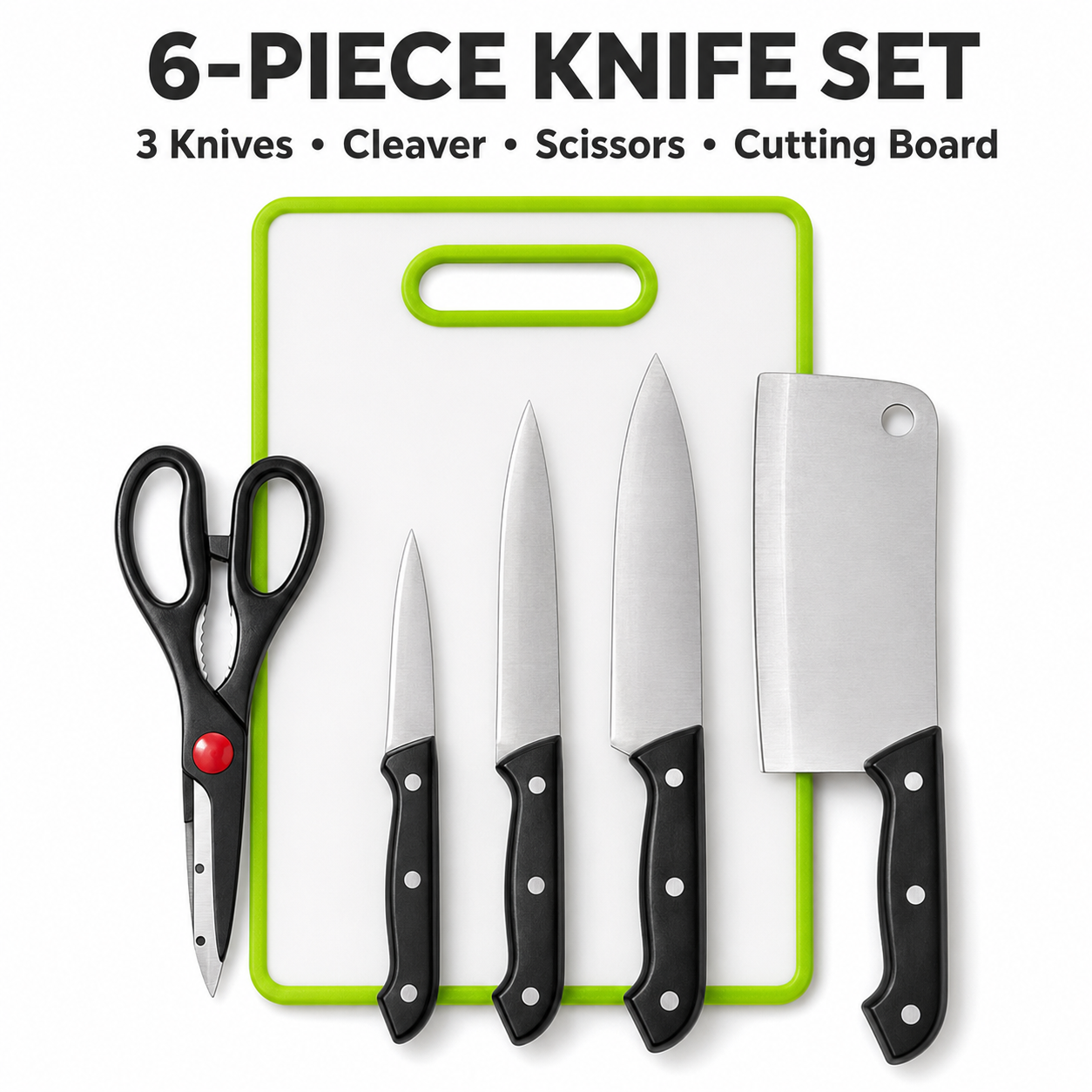 6-Piece Heavy-Duty Meat Cleaver Knife Set with Non-Slip Cutting Board – Stainless Steel Meat Cleaver, Chef Knife, Kitchen Shears & Board (Lime Green)
