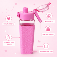Square Sports Water Bottle - 700ml Cute Pink Style Fitness Cup with Protective Quilted Sleeve, Flip-Top Lid & Integrated Portable Handle