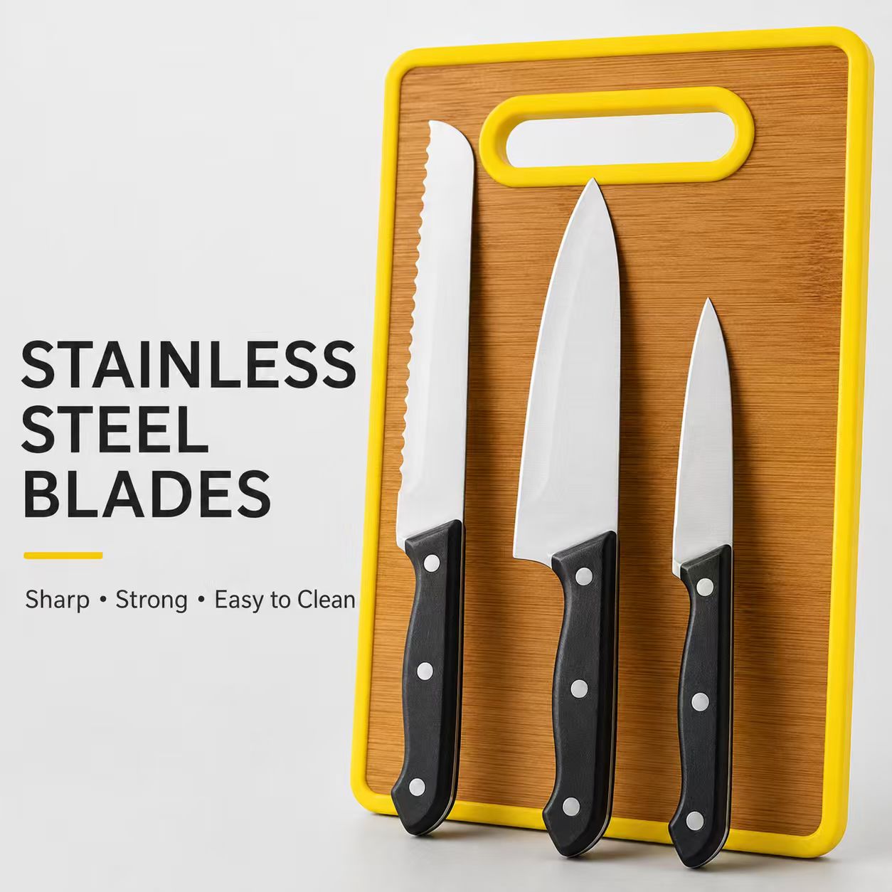 6-Piece Stainless Steel Kitchen Knife Set with Non-Slip Cutting Board – Includes Chef Knife, Bread Knife, Paring Knife, Kitchen Shears & Peeler (Yellow)