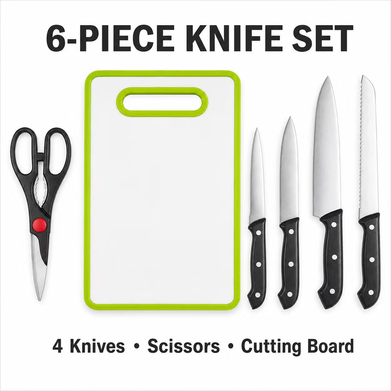 6-Piece Stainless Steel Kitchen Knife Set with Non-Slip Cutting Board – Includes Chef Knife, Bread Knife, Utility Knives, Kitchen Shears (Lime Green)
