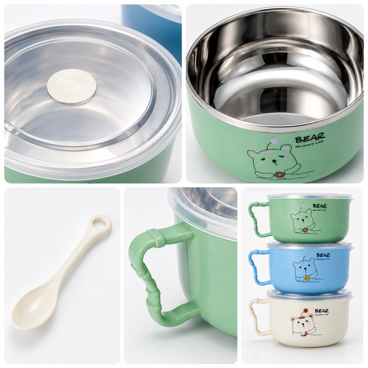 Stainless Steel Noodle Bowl Lunch Box - 16cm Cartoon Bear Insulated Food Container with Airtight Freshness Lid, Comfort Handle & Free Spoon (Blue/Green/Cream)