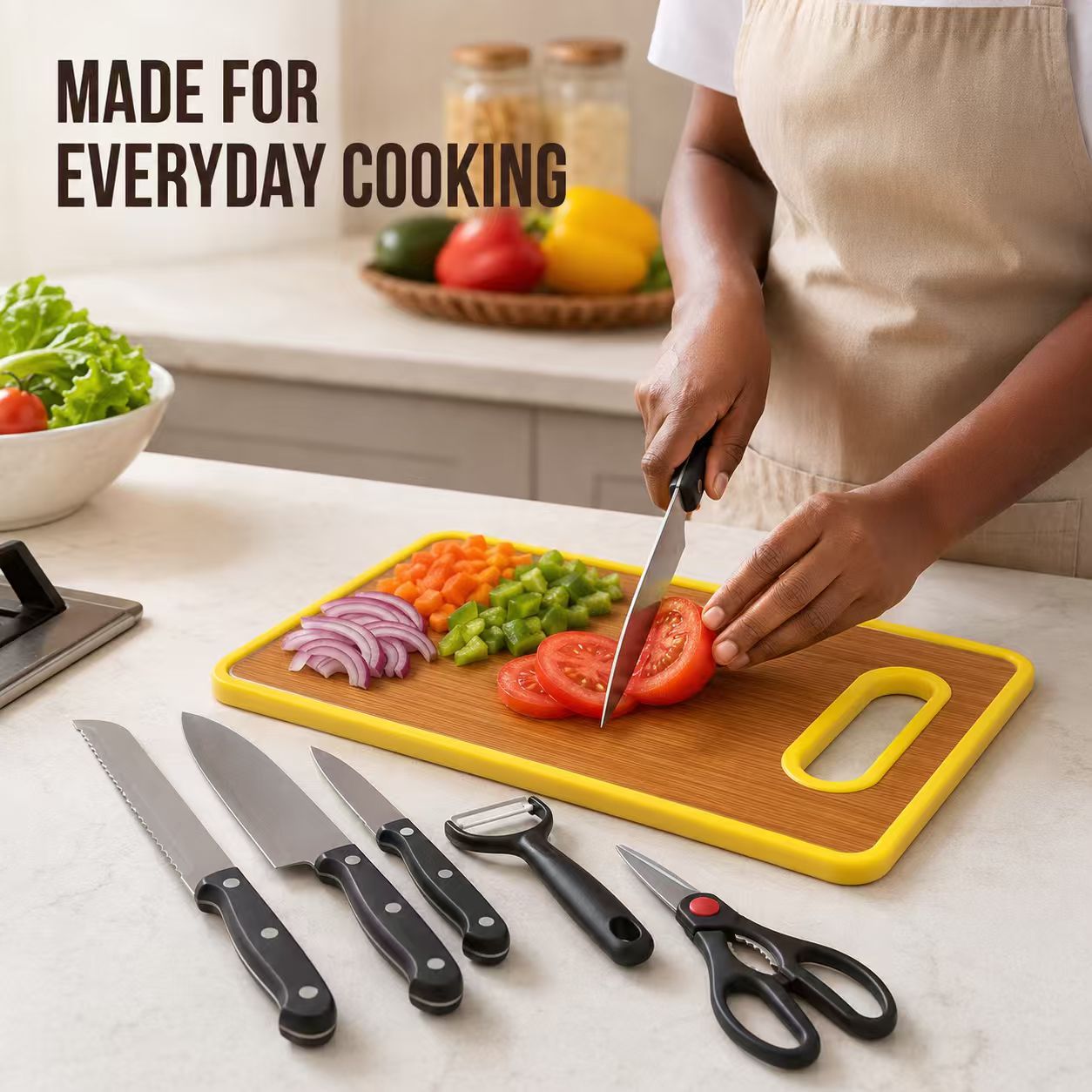 6-Piece Stainless Steel Kitchen Knife Set with Non-Slip Cutting Board – Includes Chef Knife, Bread Knife, Paring Knife, Kitchen Shears & Peeler (Yellow)
