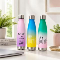 Matte Gradient Water Bottle - 500ml Lightweight Plastic Travel Flask with Leak-Proof Stainless Steel Screw Cap & Slogan Print (0.5L)