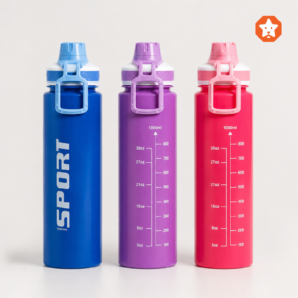Sports Water Bottle - 1000ml Large Capacity Aesthetic Gym Fitness Flask with Measurement Scale, Leakproof Flip Lid & Portable Carry Handle (30 oz)