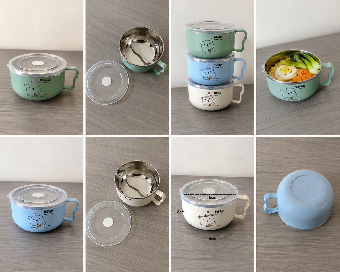 Stainless Steel Noodle Bowl Lunch Box - 16cm Cartoon Bear Insulated Food Container with Airtight Freshness Lid, Comfort Handle & Free Spoon (Blue/Green/Cream)