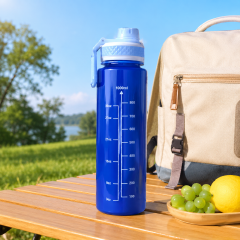 Sports Water Bottle - 1000ml Large Capacity Aesthetic Gym Fitness Flask with Measurement Scale, Leakproof Flip Lid & Portable Carry Handle (30 oz)