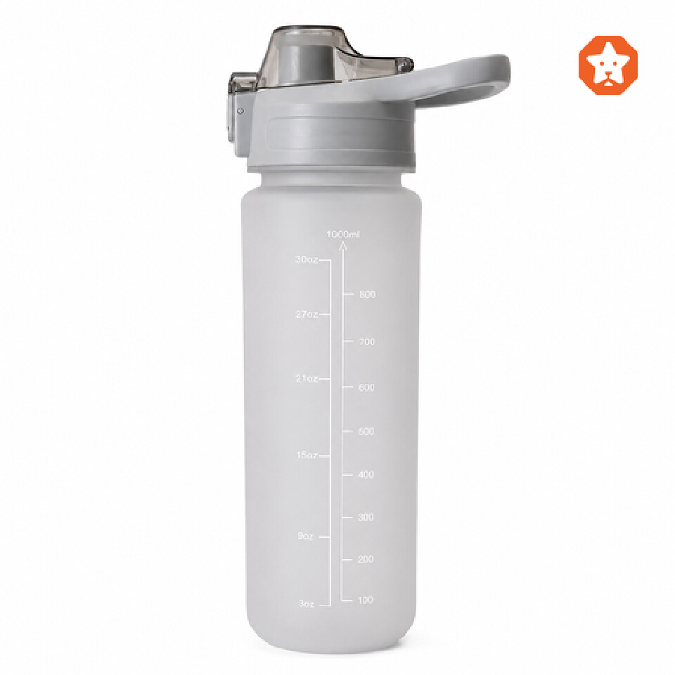 Sports Water Bottle - 1000ml Large Capacity Aesthetic Gym Fitness Flask with Measurement Scale, Leak-Resistant Flip Lid & Portable Carry Loop (Grey)