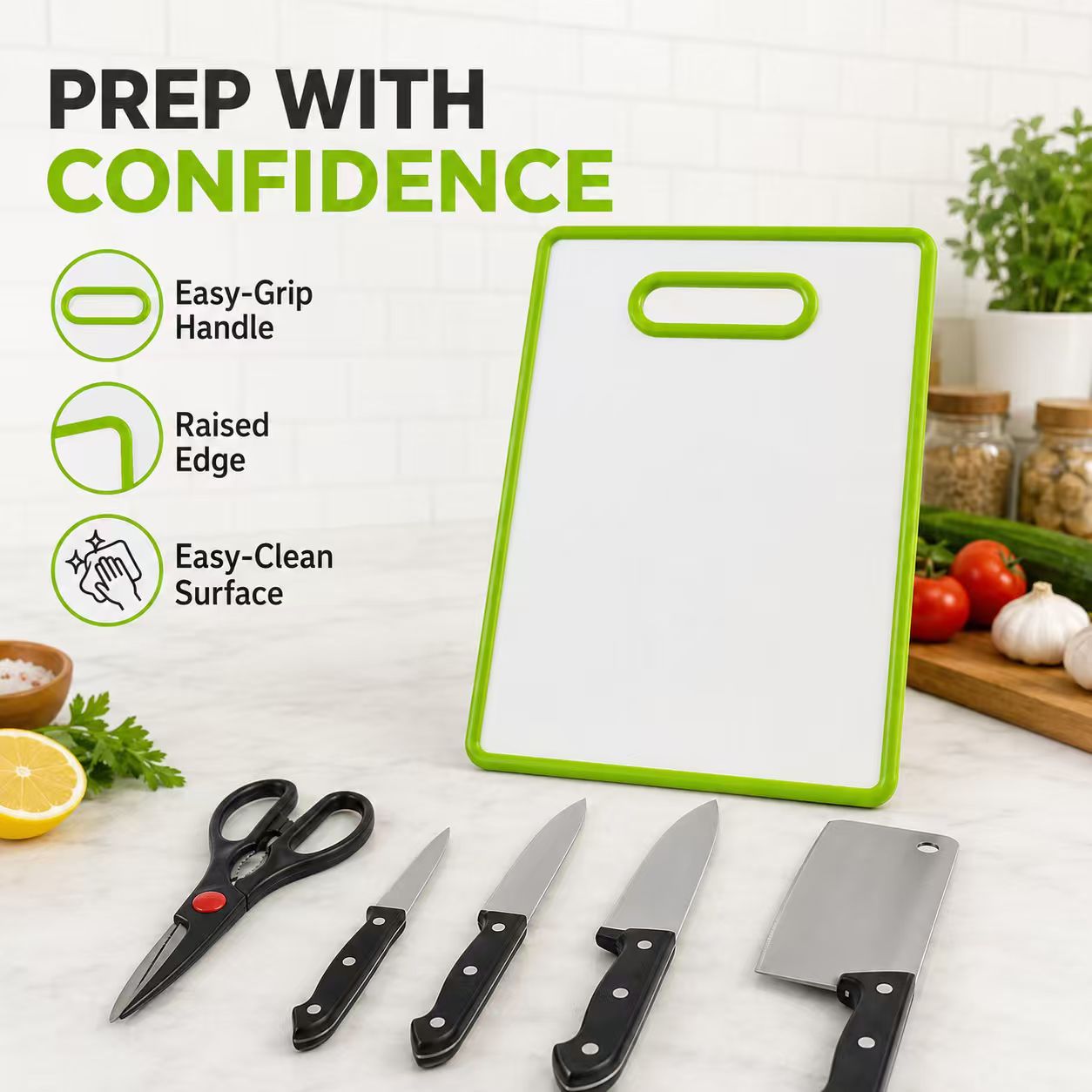 6-Piece Heavy-Duty Meat Cleaver Knife Set with Non-Slip Cutting Board – Stainless Steel Meat Cleaver, Chef Knife, Kitchen Shears & Board (Lime Green)