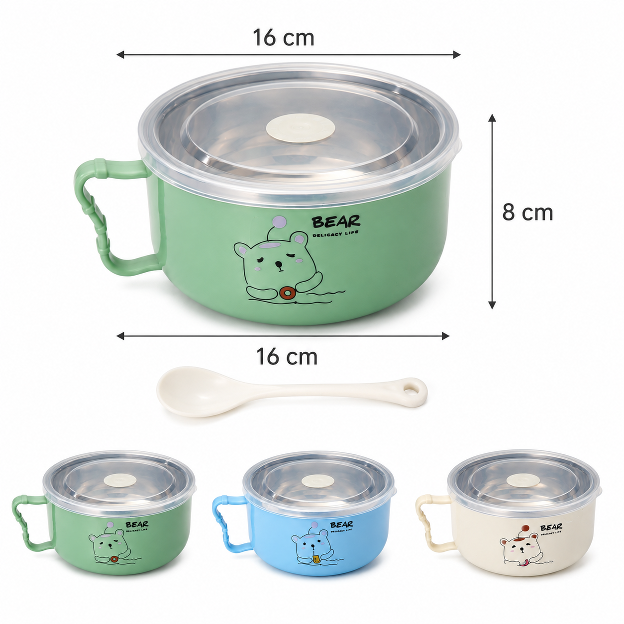 Stainless Steel Noodle Bowl Lunch Box - 16cm Cartoon Bear Insulated Food Container with Airtight Freshness Lid, Comfort Handle & Free Spoon (Blue/Green/Cream)