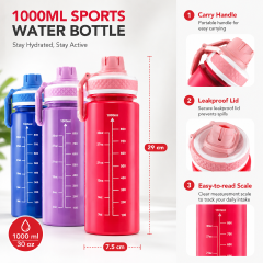 Sports Water Bottle - 1000ml Large Capacity Aesthetic Gym Fitness Flask with Measurement Scale, Leakproof Flip Lid & Portable Carry Handle (30 oz)