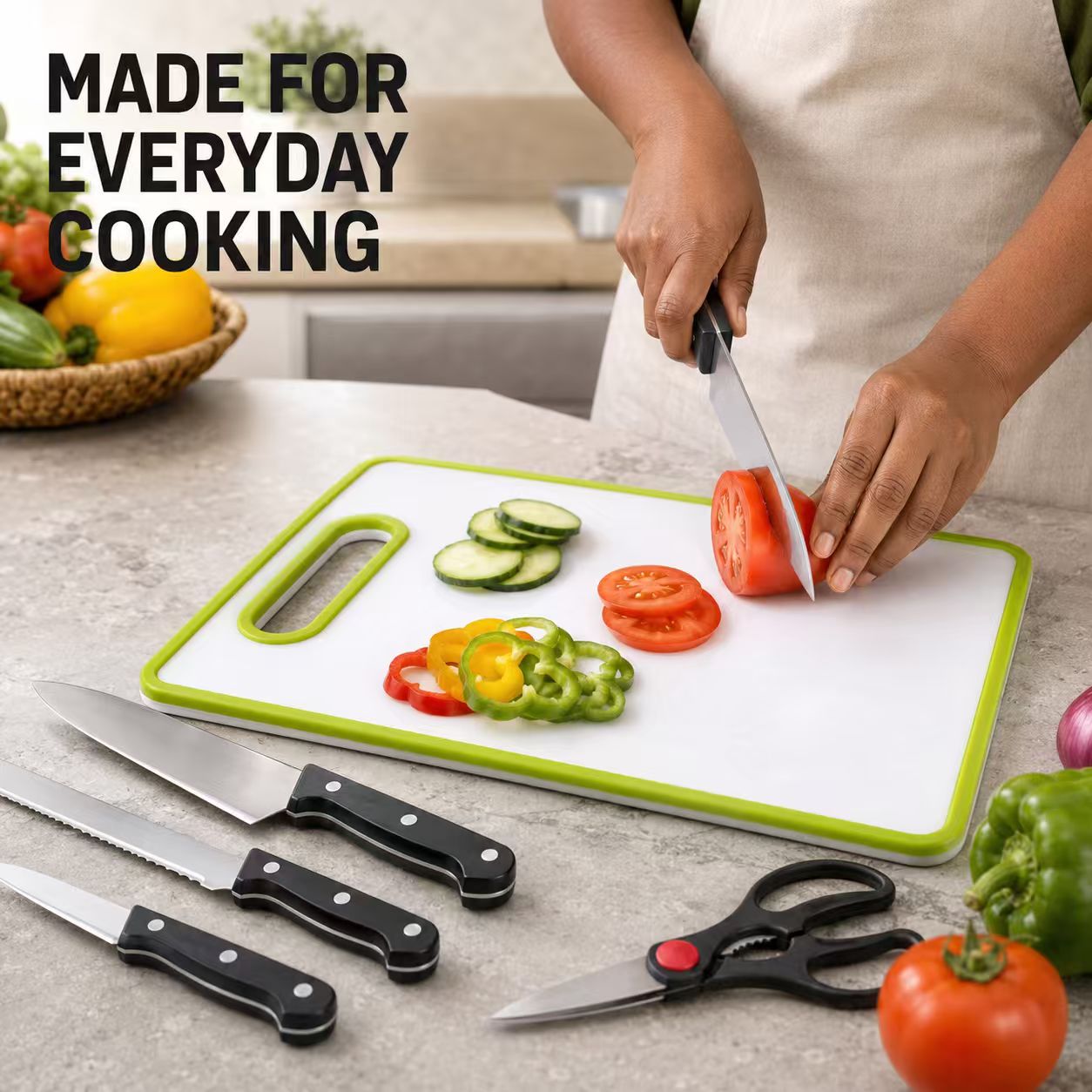 6-Piece Stainless Steel Kitchen Knife Set with Non-Slip Cutting Board – Includes Chef Knife, Bread Knife, Utility Knives, Kitchen Shears (Lime Green)