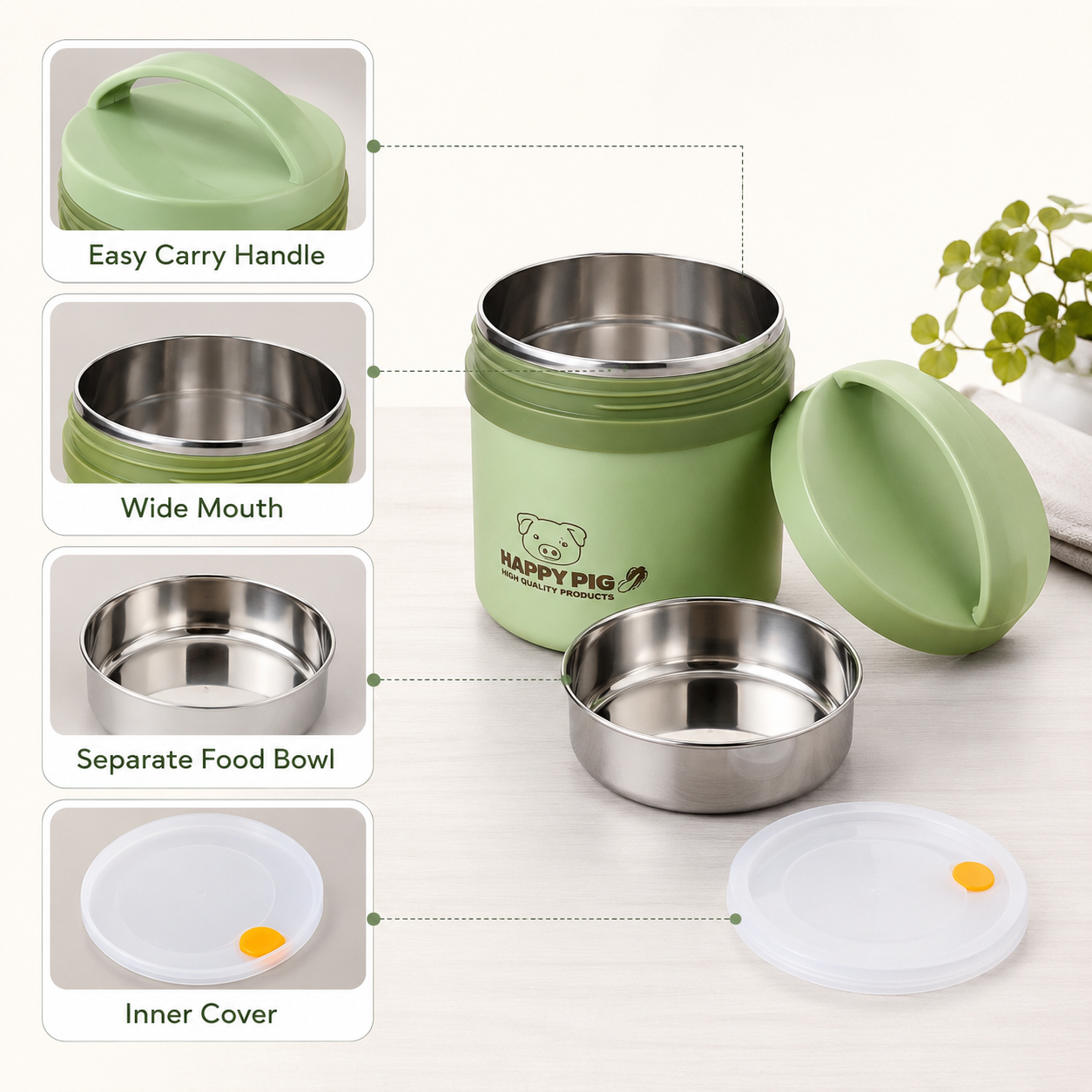 Insulated Lunch Pot - 1.6L Large Capacity Stainless Steel Multi-Layer Thermal Bento Box Food Flask with Portable Handle & Inner Bowl (Pink/Green)