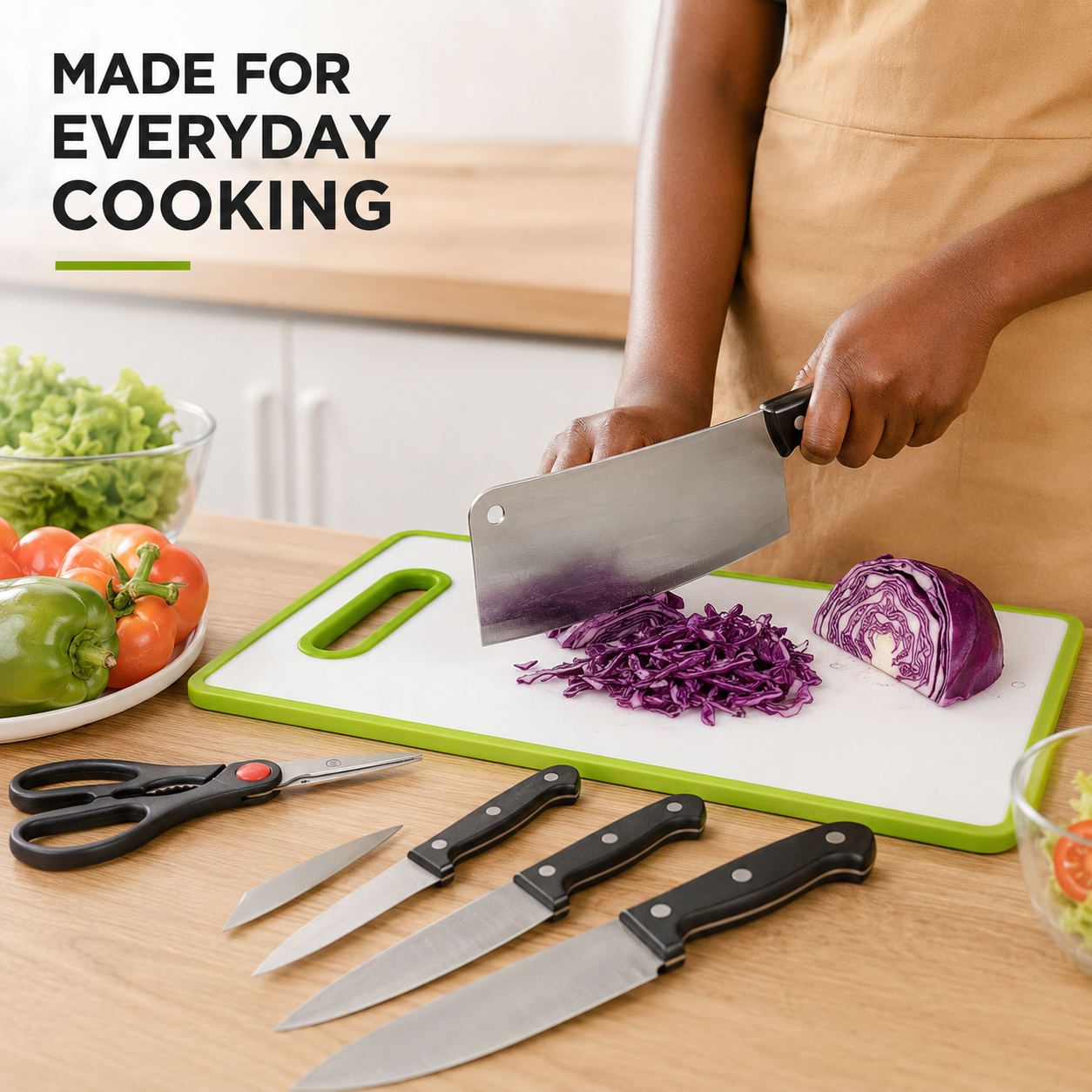 6-Piece Heavy-Duty Meat Cleaver Knife Set with Non-Slip Cutting Board – Stainless Steel Meat Cleaver, Chef Knife, Kitchen Shears & Board (Lime Green)