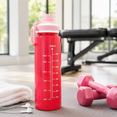 Sports Water Bottle - 1000ml Large Capacity Aesthetic Gym Fitness Flask with Measurement Scale, Leakproof Flip Lid & Portable Carry Handle (30 oz)
