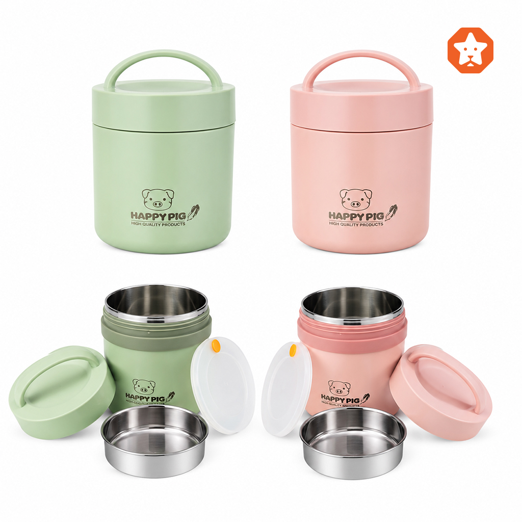 Insulated Lunch Pot - 1.6L Large Capacity Stainless Steel Multi-Layer Thermal Bento Box Food Flask with Portable Handle & Inner Bowl (Pink/Green)
