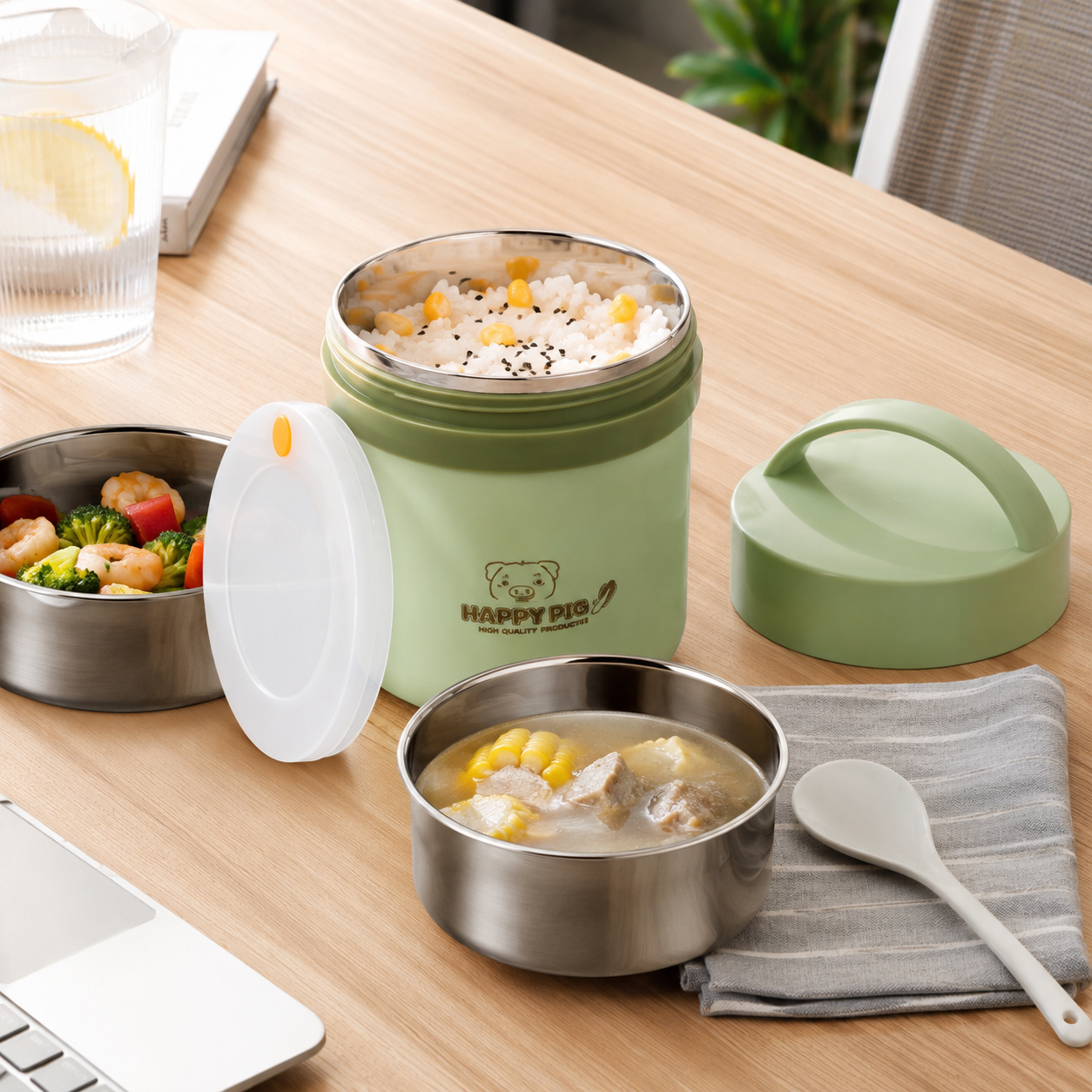 Insulated Lunch Pot - 1.6L Large Capacity Stainless Steel Multi-Layer Thermal Bento Box Food Flask with Portable Handle & Inner Bowl (Pink/Green)